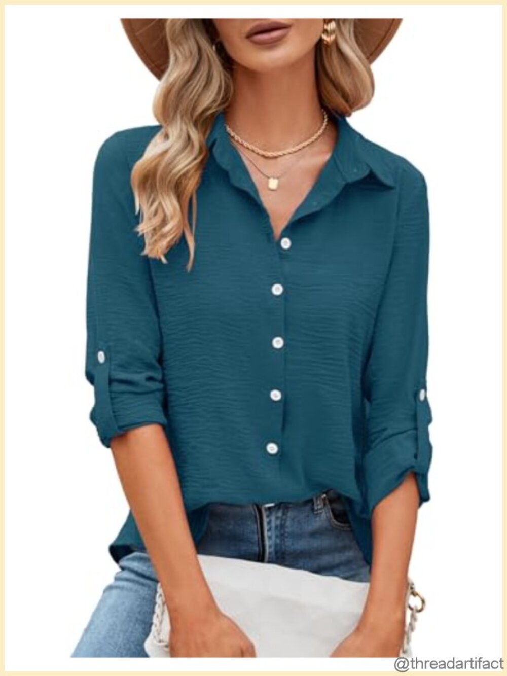 Womens Button Down Shirt V-Neck Long Sleeve Roll Tab Blouse Business Casual
